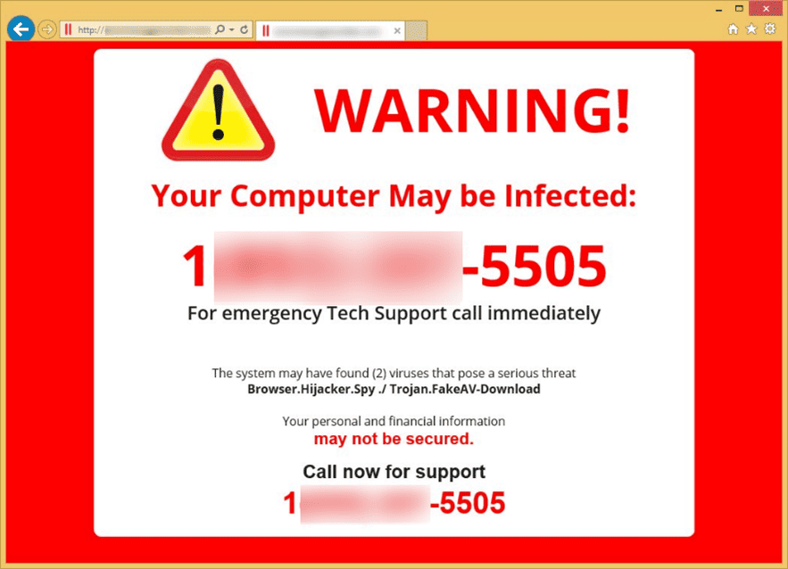 red pop up warning of a tech support scam.